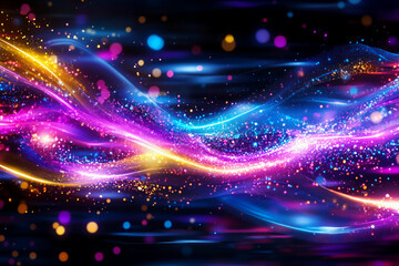 Obraz premium Neon lines flow across a vibrant Memphis backdrop, intertwining with geometric patterns, dots, and wavy shapes, creating a dynamic and colorful abstract design