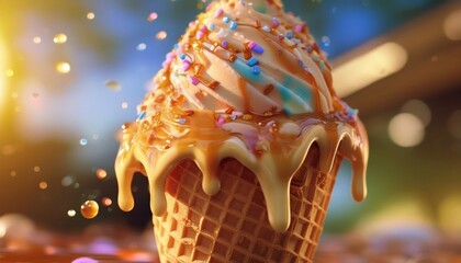Ultra-macro shot of a melting ice cream cone, with colorful sprinkles glistening under the summer sun, capturing the creamy texture and vibrant details in the heat.
