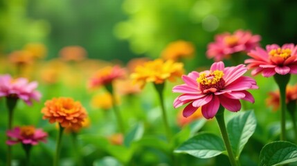 Vibrant pink and orange blossoms in a sunlit garden, showcasing the beauty of nature's colorful floral arrangement with a soft focus background