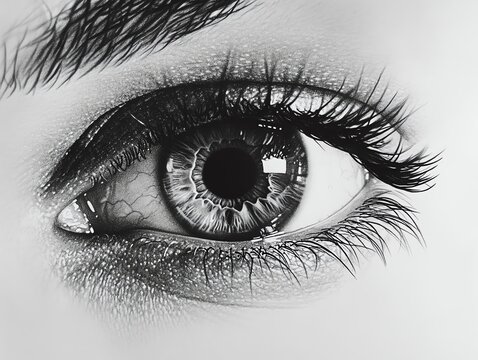 A realistic pencil drawing of an eye with soft shadows and a captivating gaze, the fine lines of the lashes and intricate details of the iris, bringing the eye to life