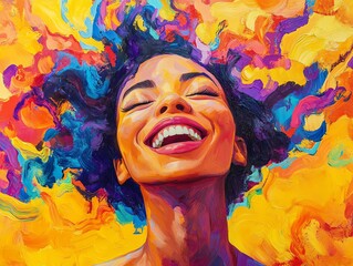 Obraz premium A vibrant portrait of a person laughing in a carefree moment, surrounded by bright colors and a warm, joyful atmosphere that exudes pure happiness