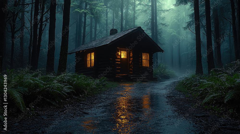 Poster dark forest path leads to cozy cabin with glowing windows, surrounded by misty trees. serene atmosph