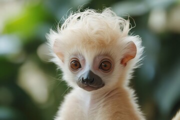 Close up of a young golden crowned sifaka lemur with striking blond hair, highlighting its unique features against a blurred jungle backdrop