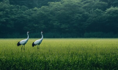 Fototapeta premium The vast grassland is full of lush green, with two elegant cranes standing on the field, looking at each other in a graceful manner