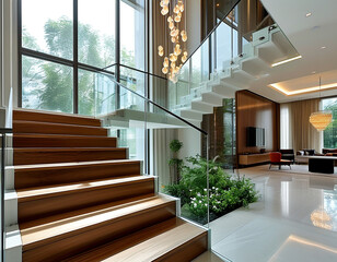 minimalist image of a luxury home's grand staircase. The staircase have sleek glass railings, wooden steps, and a statement chandelier hanging above.