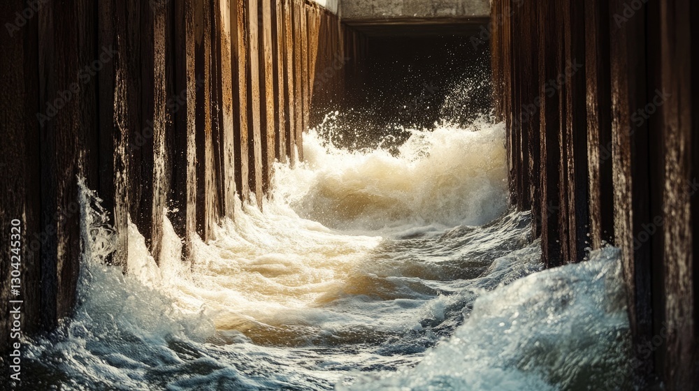 Aufkleber water surges between wooden structure channels, highlighting the raw energy and dynamic movement of 