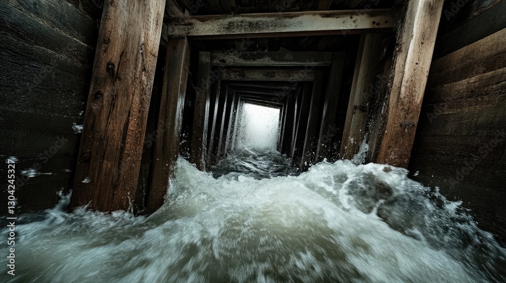Poster water surges between wooden structure channels, highlighting the raw energy and dynamic movement of 
