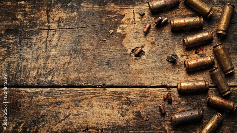 Poster weathered wood surface with rusty ammo scattered on it, evoking a nostalgic war relic scene, set in 