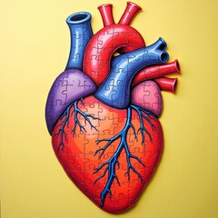 Naklejka premium Image of colored human heart consisting of puzzles. Image on a colored background.
