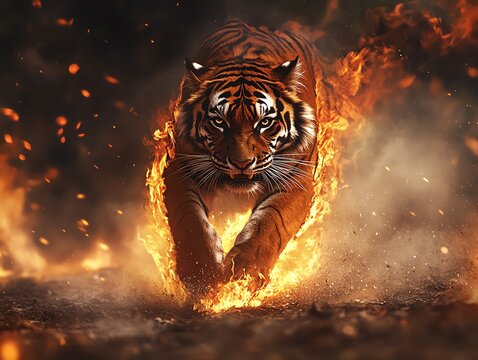 A fullbody tiger with flames erupting from its fur, sprinting through a forest fire, dynamic motion, fiery background, glowing embers, intense and dramatic effect