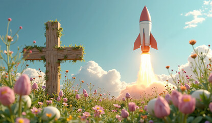 Rocket Blasting Off Next to a Cross, Blending Faith and Innovation for Marketing - Futuristic Easter Concept