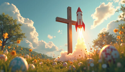 Rocket Launch and Cross Side by Side Representing Faith, Hope, and New Beginnings - Inspiring Easter Imagery