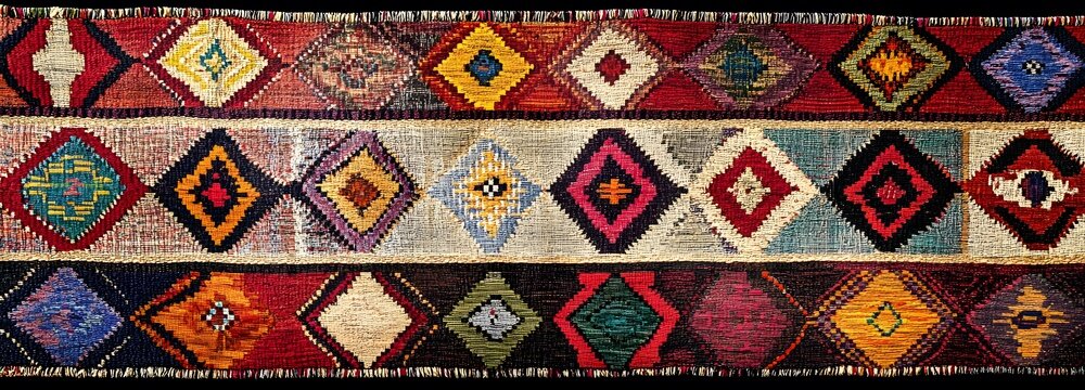 Artisan's Mosaic: An exquisite, handmade fabric pattern, showcasing a spectrum of colors and intricate diamond designs, embodying the essence of traditional craft.