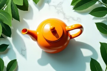 Orange Teapot Surrounded by Fresh Leaves on Light Marble Surface