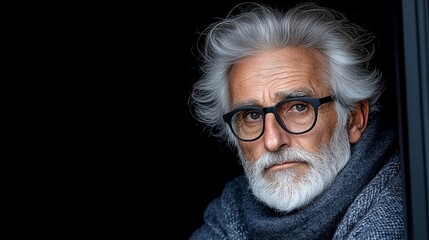 Thoughtful Elderly Man with Gray Hair and Glasses in Portrait