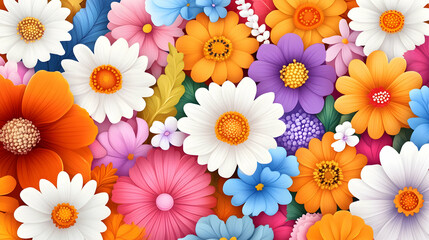Colorful flowers blooming in garden, full frame closeup, vibrant floral background