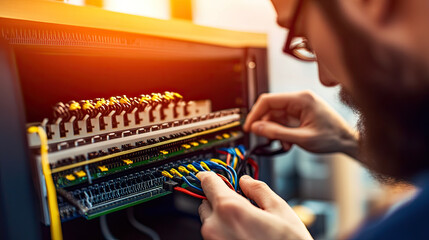 Technician in modern office maintaining network server, surrounded by cables and routers, showcasing focus and professionalism in IT infrastructure management.