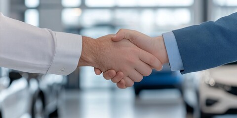 The buyer and seller exchange a final handshake in a bright, modern car dealership after closing the sale