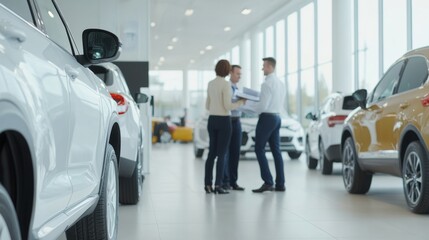 Couple reviews purchase documents with sales manager in a bright, upscale dealership interior