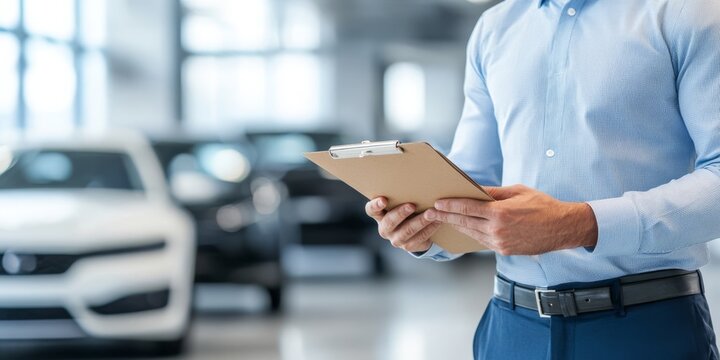 Professional evaluating vehicle exterior under bright lights, holding clipboard, noting details for sale