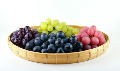 Three types of grapes in a bamboo plate: green and red grapes, dark blue grapes on the left side, and a pinkish-purple plum-like fruit in the right corner