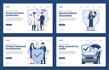 Set of landing page template Comprehensive insurance solutions covering auto, education, disability, business, and life, ensuring financial security and peace of mind.