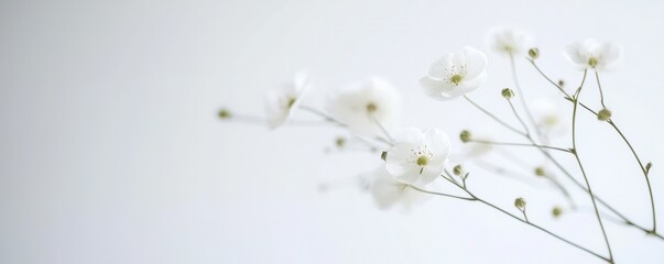 Delicate white flowers on slender stems, set against a minimalist background, create a serene and elegant aesthetic.