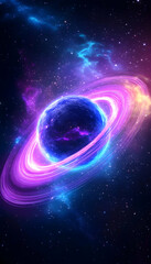 Obraz premium Colorful Planet with Rings in Cosmic Nebula