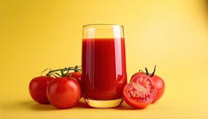 Tomato juice and tomato on a yellow background