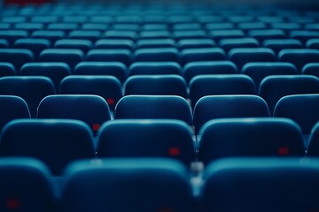 Fototapeta premium Blue seats in an outdoor stadium, rows of seats, advertising photography