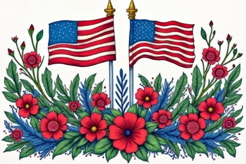 Patriotic Floral Design with American Flags