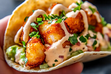 Hand Holding Soft Taco with Fish Fillet and Ranch Dressing, Instagram Style Fish Sandwich Photography