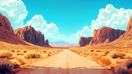 Naklejka premium Scenic desert highway road trip under a vibrant blue sky 