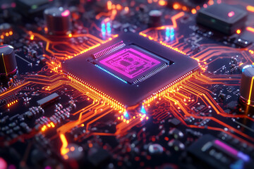 Obraz premium Futuristic circuit board with retro 1980s aesthetics, featuring wavy traces, rounded microchips, and vibrant cyan, magenta, and tangerine gradient patterns