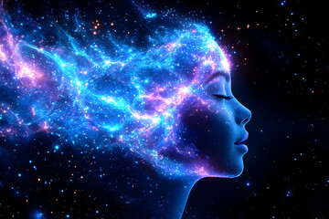 Obraz premium Cosmic energy emanating from a woman's head in space