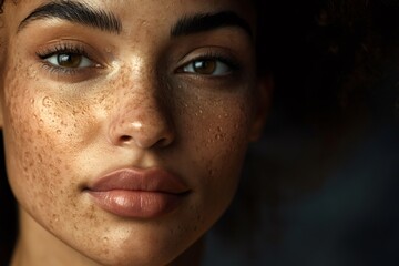 Obraz premium Close up portrait of a beautiful young black woman with freckles, glowing skin, and dark curly hair, showcasing natural beauty and confidence