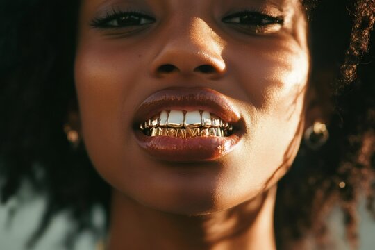Close up portrait of a young woman wearing gold grillz, showcasing contemporary fashion and style