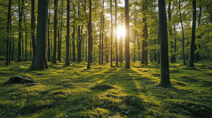 Obraz premium serene forest scene with sunlight filtering through lush green trees, creating peaceful atmosphere