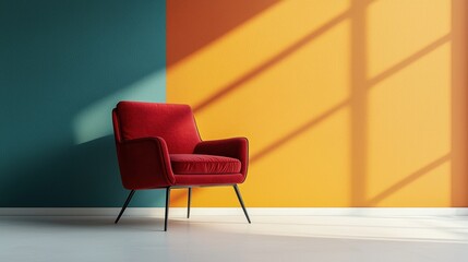 Stylish red chair against colorful wall backdrop.