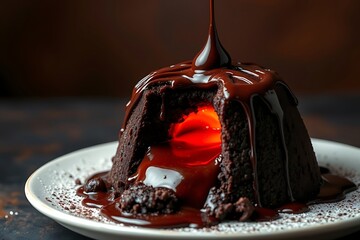 Photograph of Rich Chocolate Lava Cake with a Glossy Molten Center and Cocoa Dusting, Perfectly Baked for a Decadent Dessert Experience - dessert stock-image