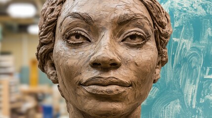 Clay Sculpture of a Female Face in Artistic Studio Setting