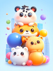 Fototapeta premium Cute Animals Stacked, City Background