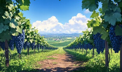 Naklejka premium Vineyard rows with grape vines and green leaves, overlooking rows of grapes on dirt ground, green grass in between vines, panoramic view of vineyards stretching into the distance