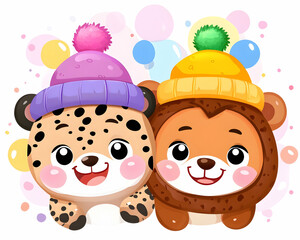 Naklejka premium Cute animals winter hats bubbles