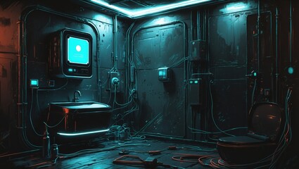 Dark bathroom with wires and neon lights. Metallic walls and devices are visible in room, sink and toilet are illuminated with blue.