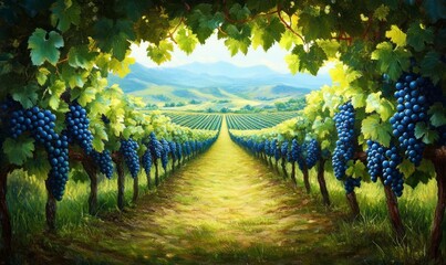 Fototapeta premium Vineyard rows with grape vines and green leaves, overlooking rows of grapes on dirt ground, green grass in between vines, panoramic view of vineyards stretching into the distance