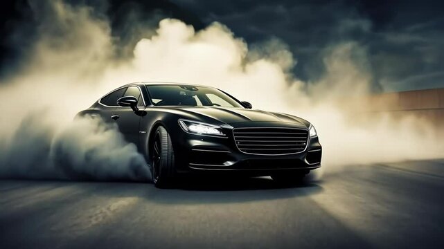 Dynamic video still of a sleek car drifting on a track, captured from a low front angle, emphasizing speed and motion with dramatic smoke effects.