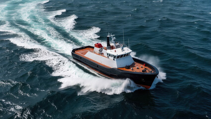 Dark blue sea water with white waves, boat moving fast leaving foamy trail behind. Boat has black, white and brown colors.