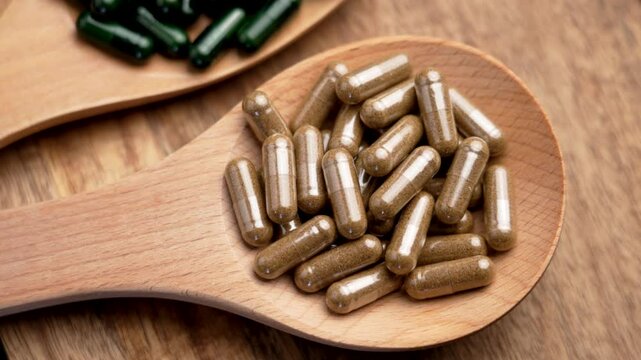 Wooden spoons with different herbal capsules on rustic background. Alternative medicine supplements. Top view. Rotation