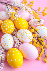 Obraz premium Easter Eggs, Spring Flowers, Pink Background